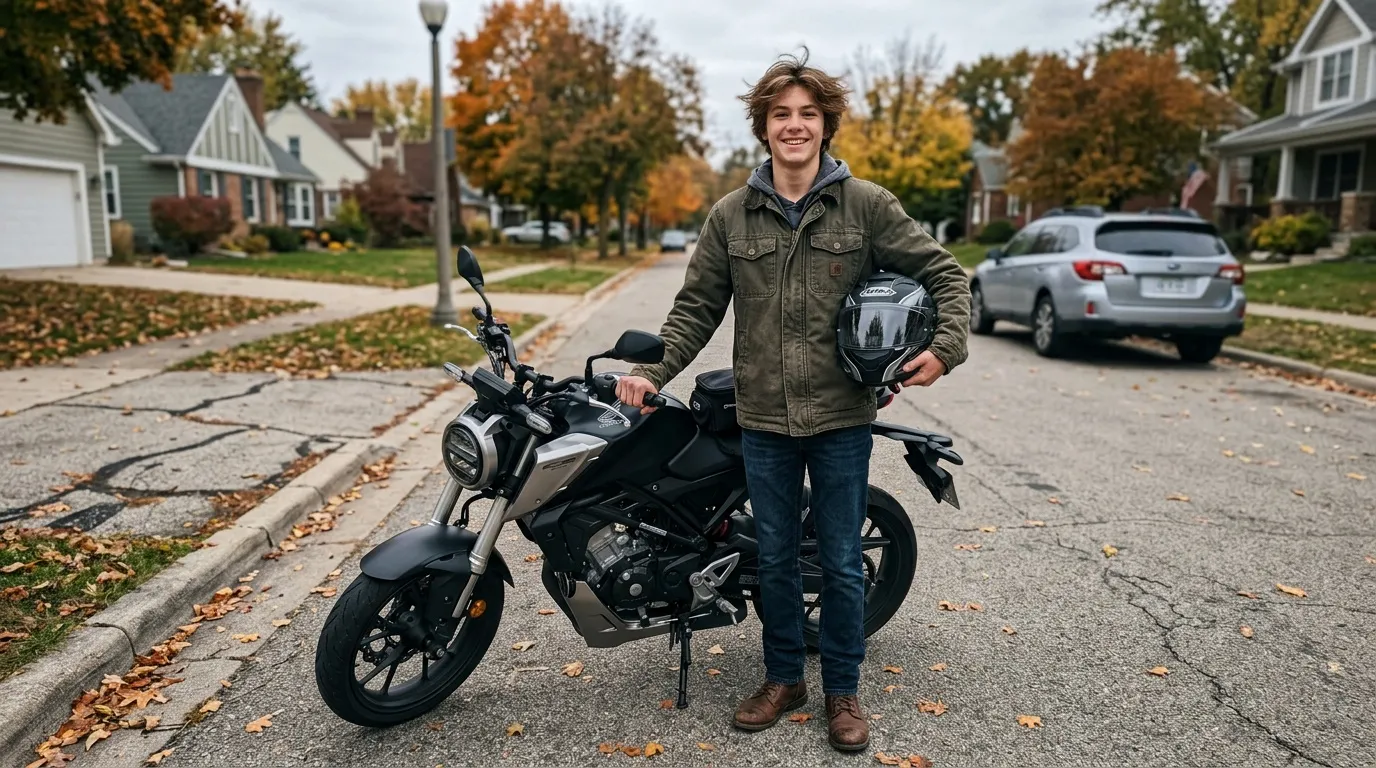 Adolescent posant avec son casque et sa moto noire en automne
