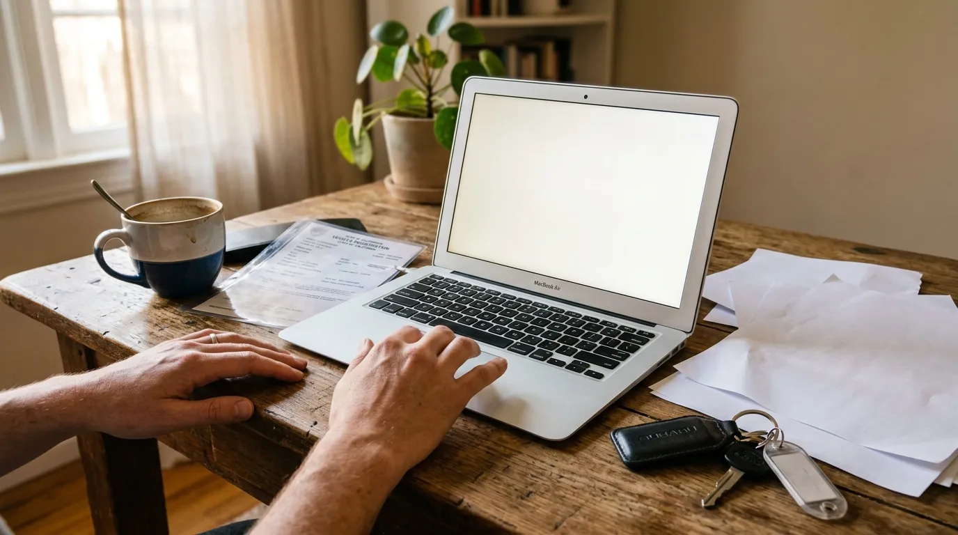 Personne travaillant sur MacBook Air à un bureau en bois