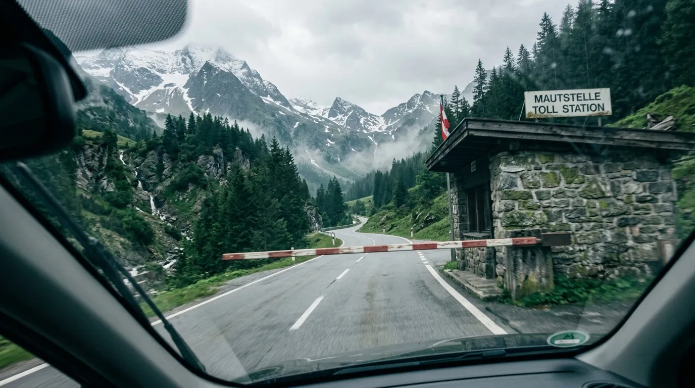 Vue depuis voiture à poste de péage montagne avec pics enneigés