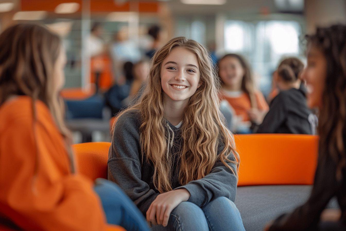 Jeune fille aux longs cheveux souriante dans un espace &eacute;ducatif