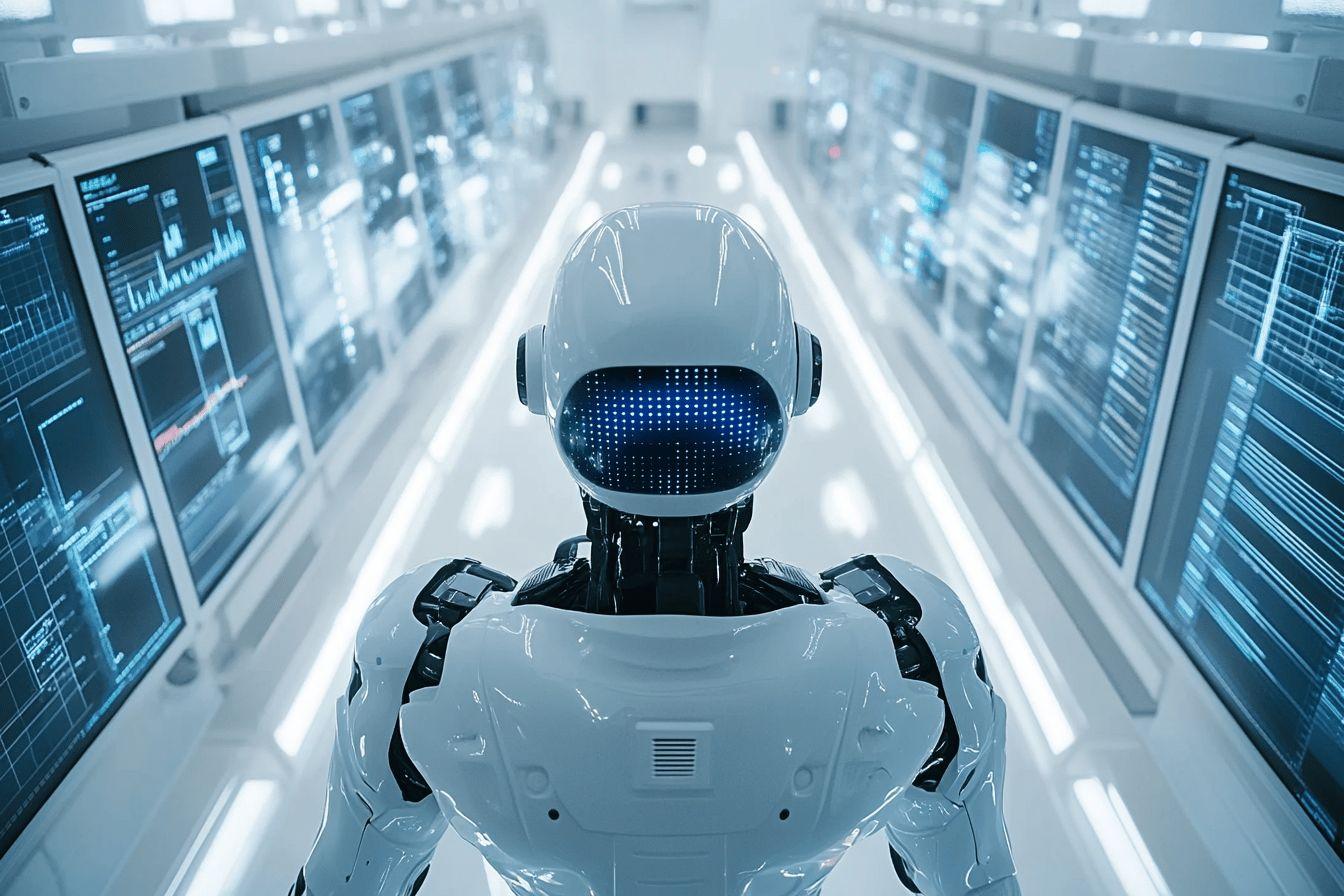 Robot blanc dos tourn&eacute; devant &eacute;crans de contr&ocirc;le num&eacute;riques