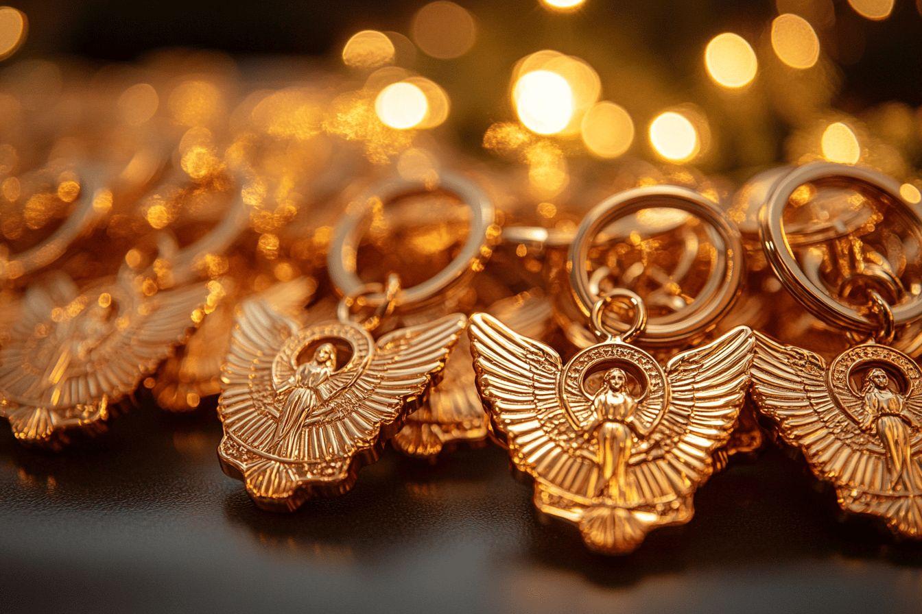 Plusieurs porte-cl&eacute;s dor&eacute;s avec motif d'ange sur fond lumineux