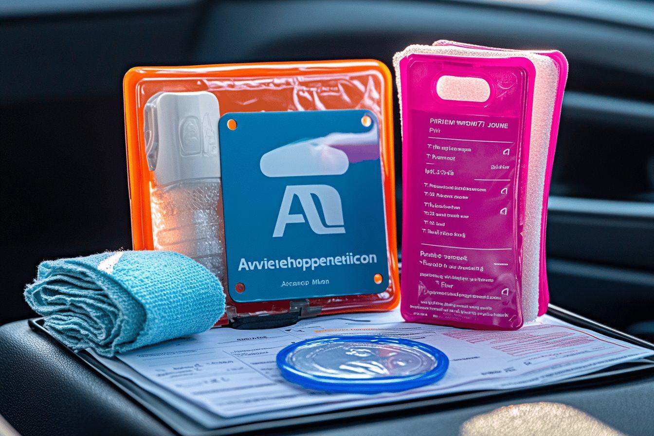 Bo&icirc;tes color&eacute;es, documents, serviette bleue et insigne sur tableau de bord