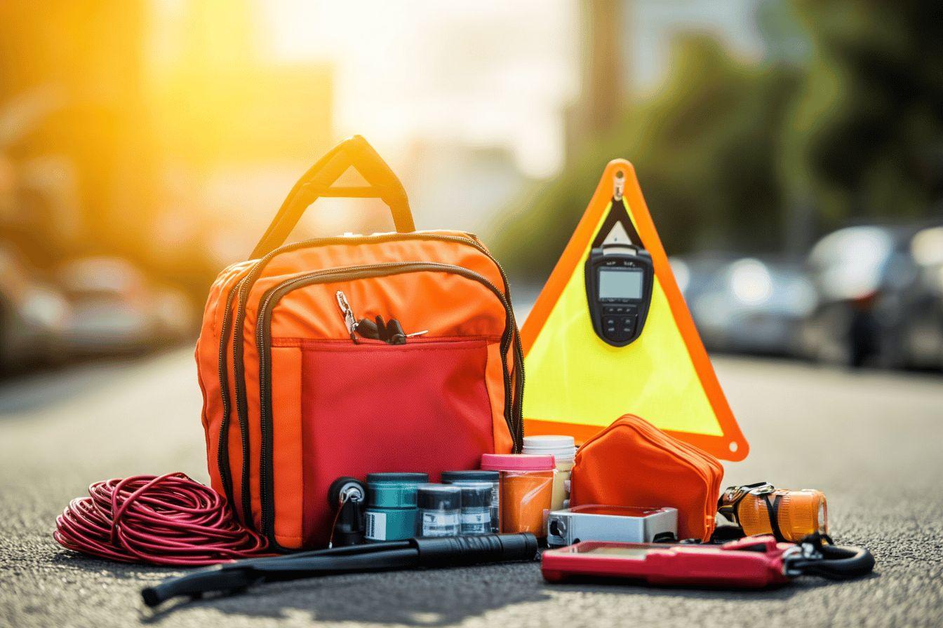 Sac orange, triangles de signalisation et outils sur route