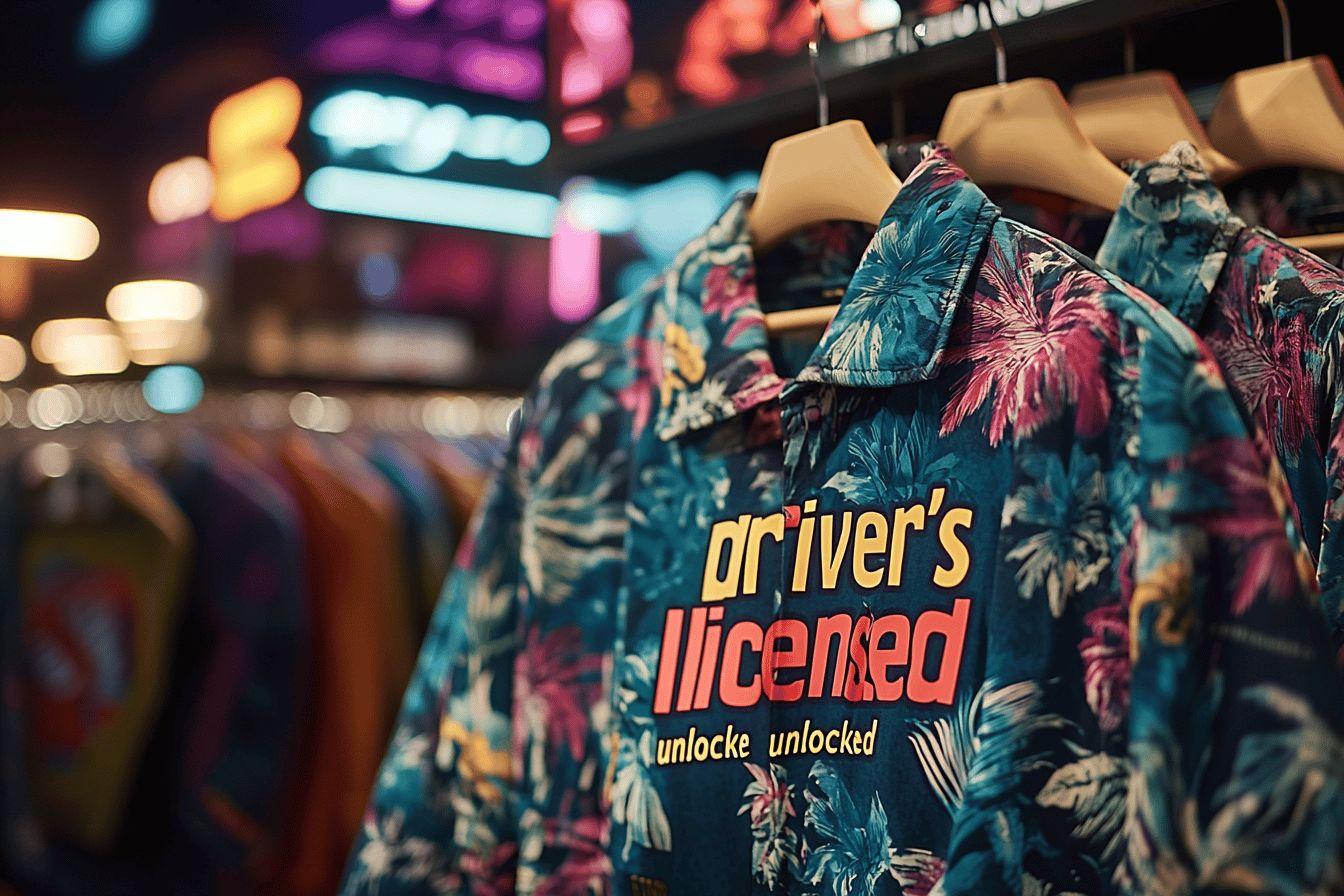 Chemise hawa&iuml;enne bleue et rose avec texte driver's licensed