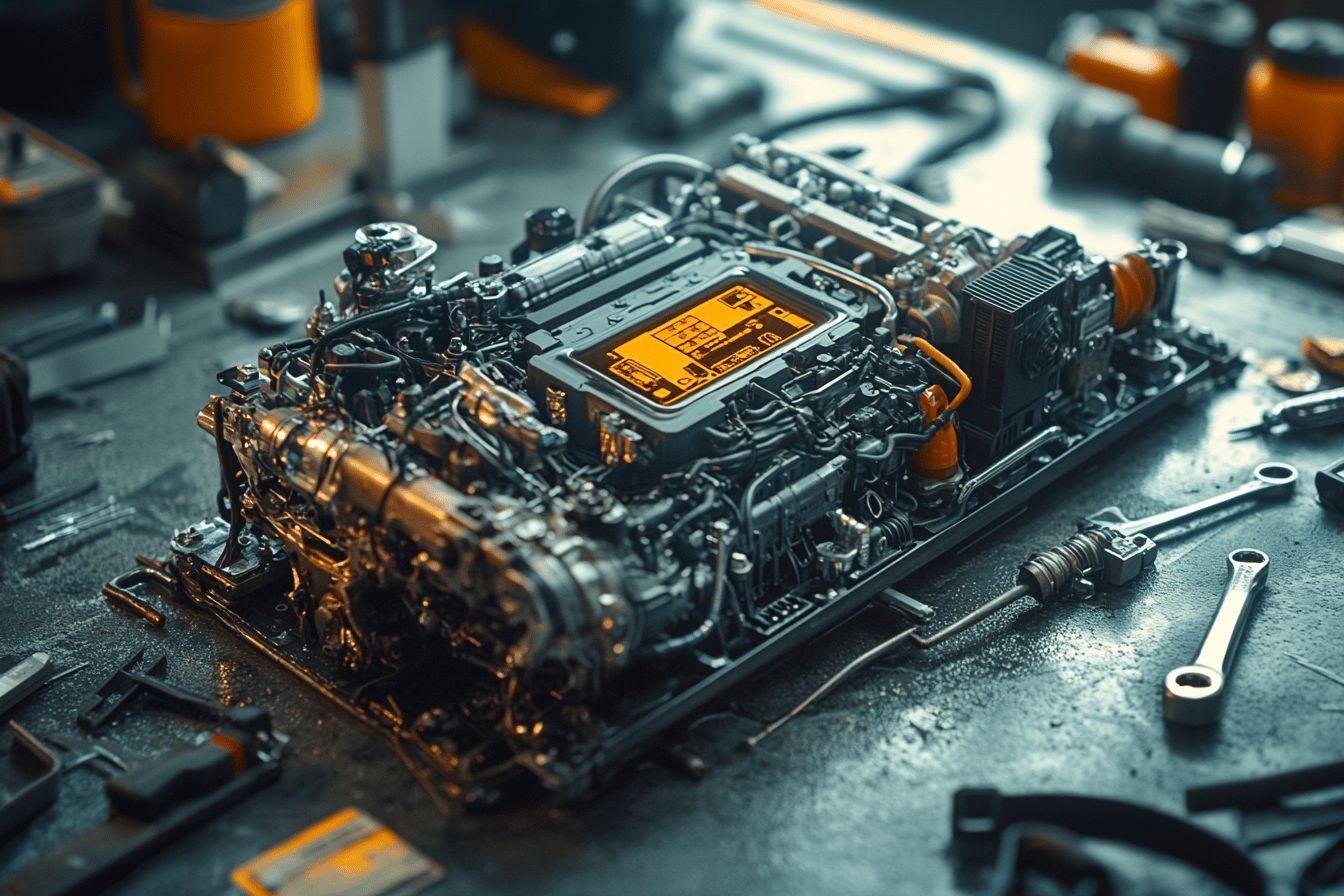 Gros plan sur un circuit &eacute;lectronique d&eacute;taill&eacute; avec &eacute;cran orange