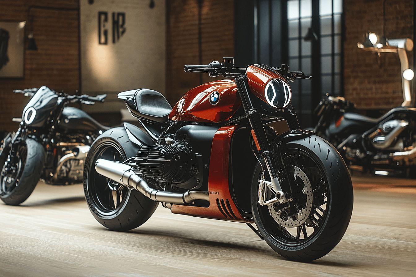 Moto custom BMW rouge et noir dans un atelier industriel