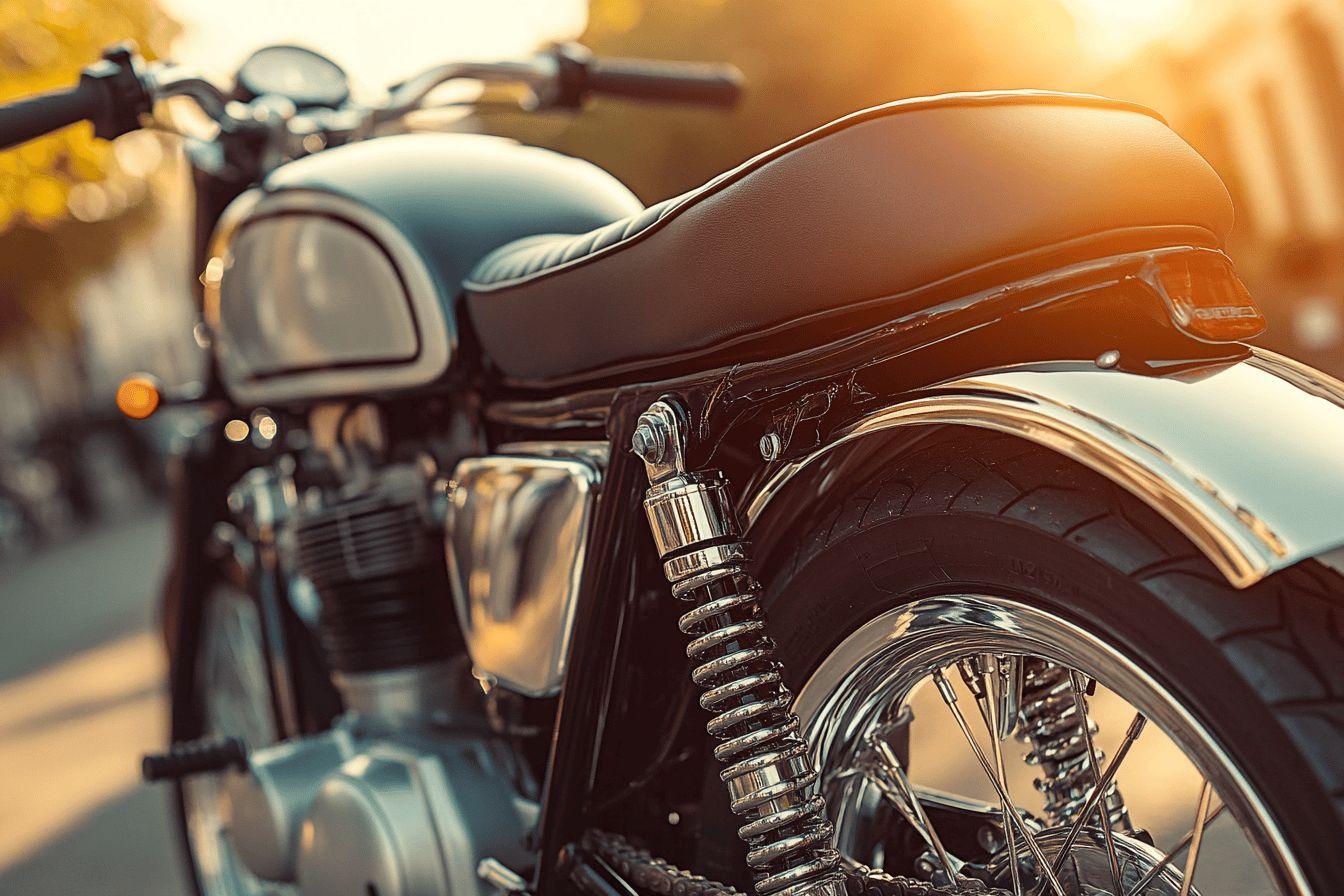 Gros plan sur la suspension et la selle d'une moto r&eacute;tro