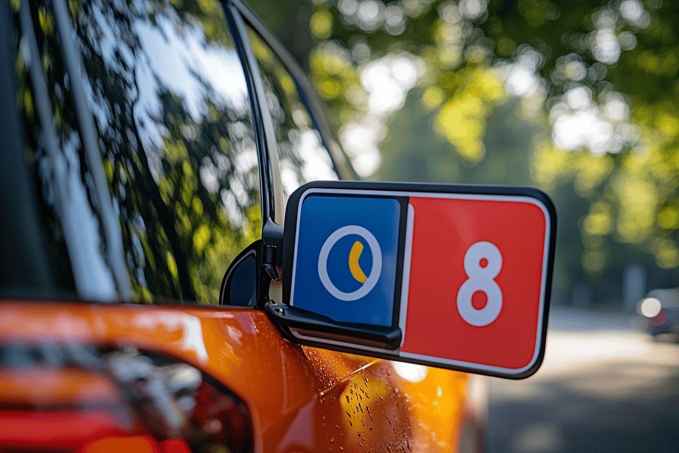 R&eacute;troviseur orange de voiture avec logo bleu et num&eacute;ro 8