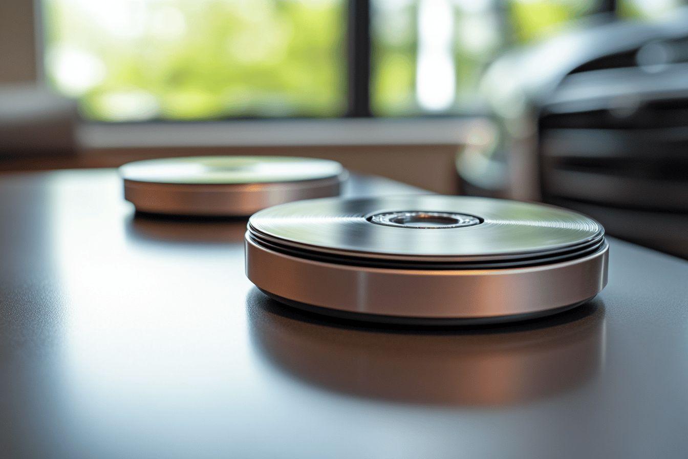 Deux bo&icirc;tes cylindriques m&eacute;talliques brillantes sur une surface grise