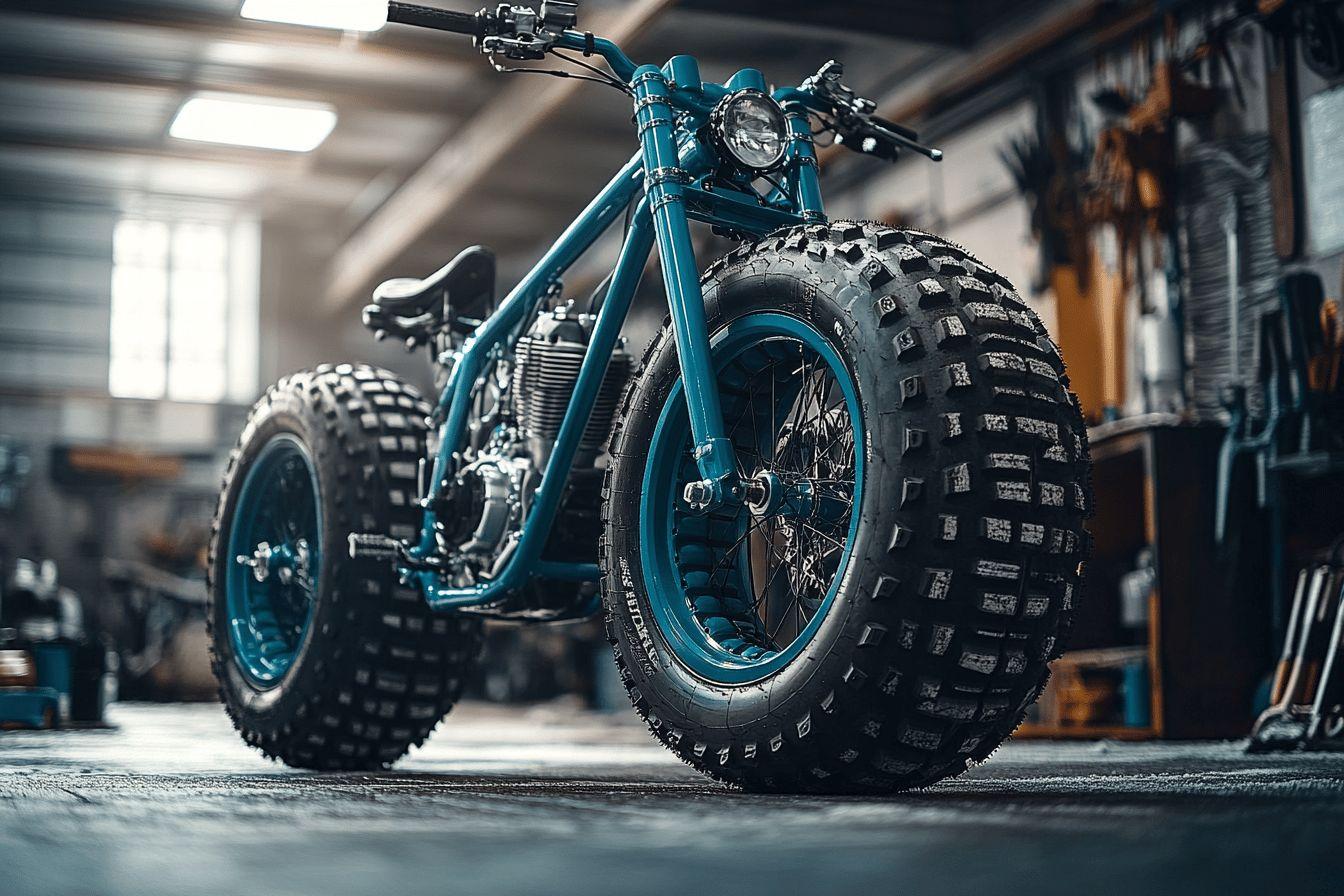 Moto robuste aux larges pneus dans un atelier industriel