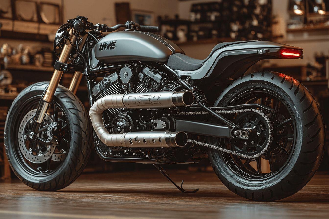 Motocyclette moderne aux lignes &eacute;pur&eacute;es dans un atelier vintage