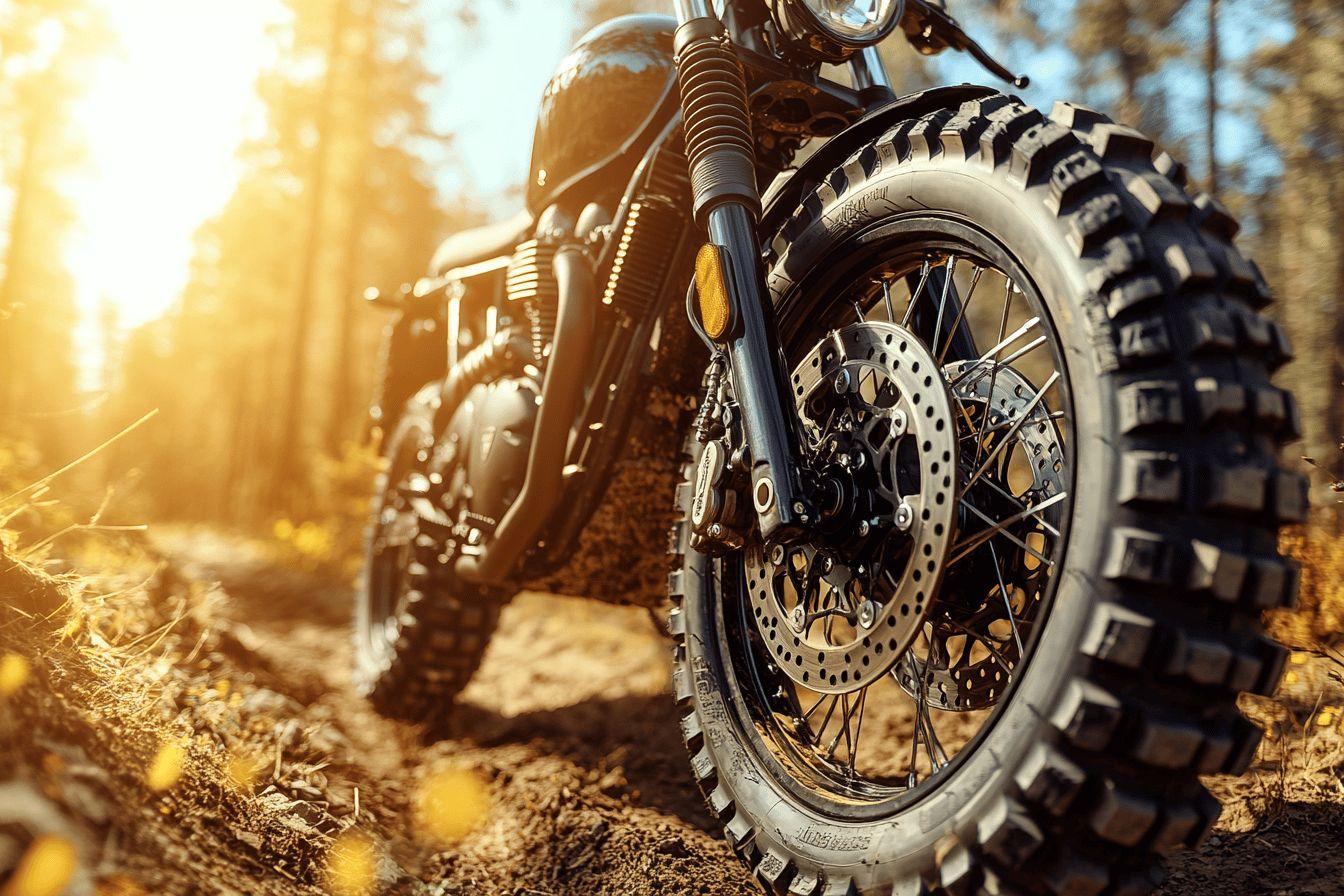 Gros plan sur roue de moto cross dans for&ecirc;t ensoleill&eacute;e