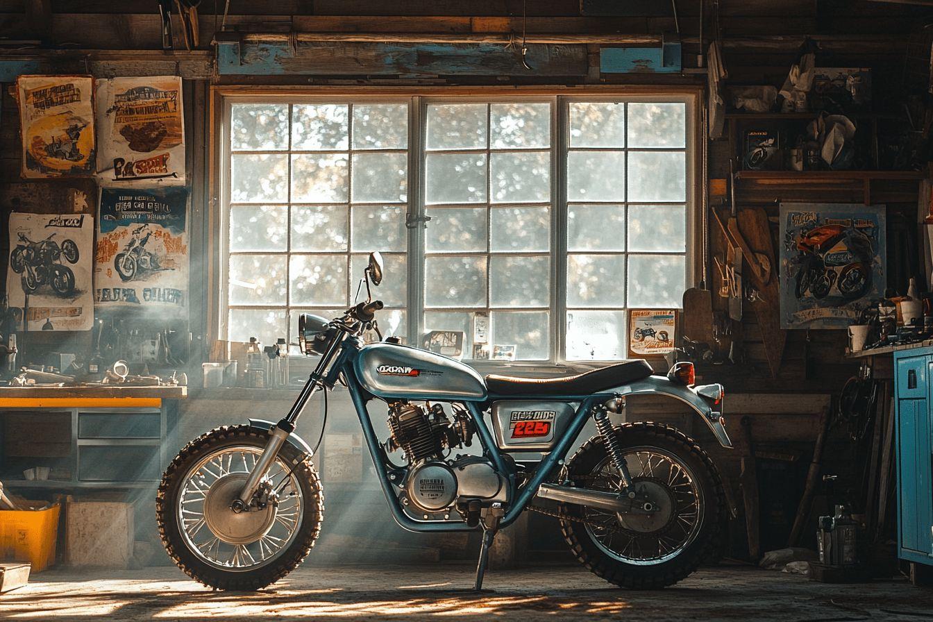 Motocyclette bleue classique dans un garage r&eacute;tro lumineux