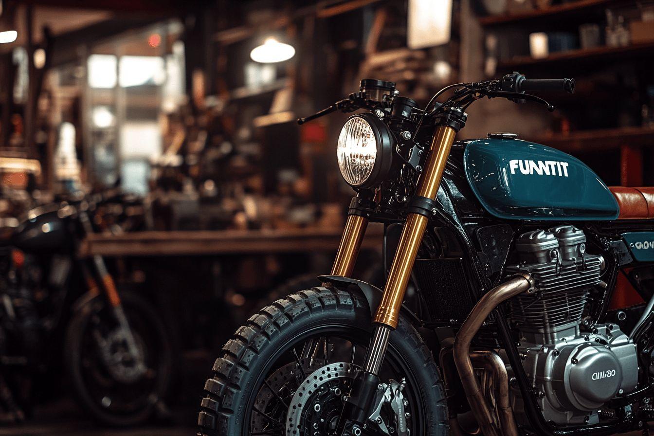 Moto custom bleu-vert avec phare rond dans un garage industriel