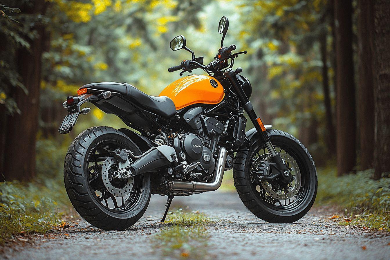Moto orange et noire dans un sentier automnal bois&eacute;