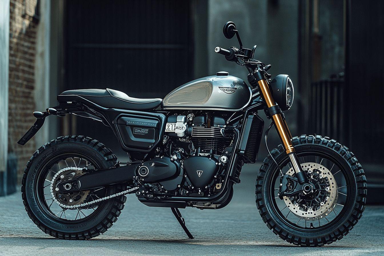 Moto Triumph noir et argent avec pneus tout-terrain