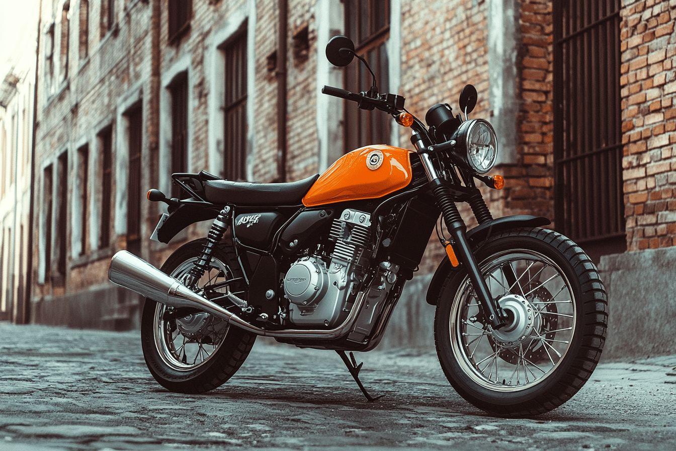 Moto classique orange et noire gar&eacute;e pr&egrave;s d'un mur en briques