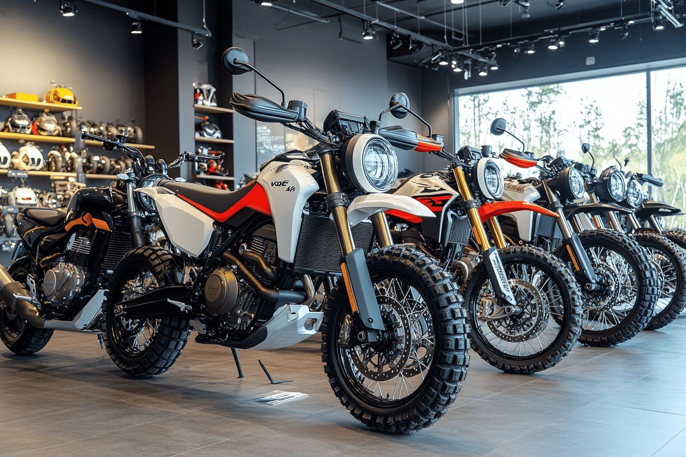 Rang&eacute;e de motos trail avec pneus tout-terrain dans un magasin