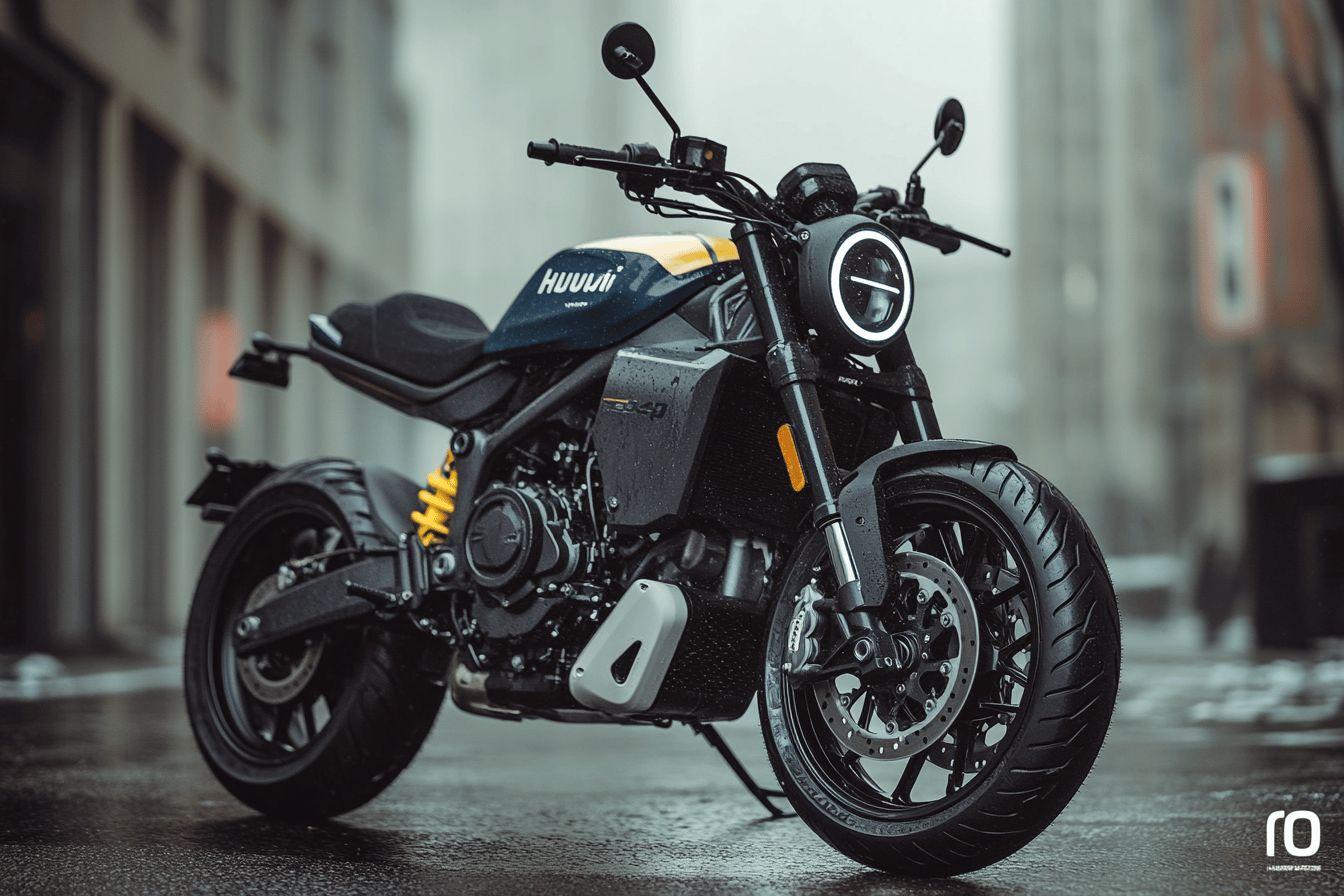 Moto noire et jaune sur fond urbain gris