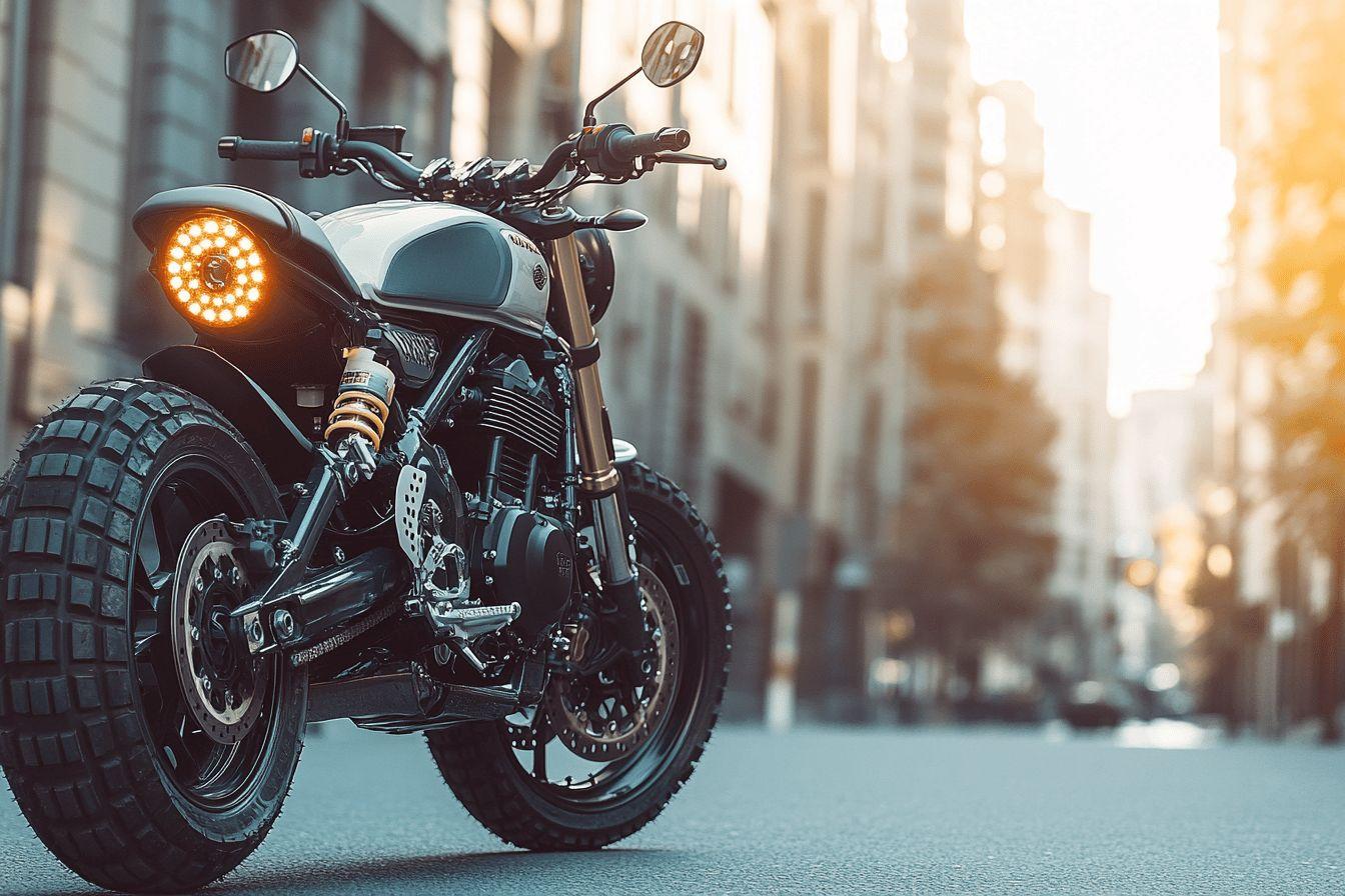 Motocyclette tout-terrain &eacute;l&eacute;gante sur fond de rue urbaine