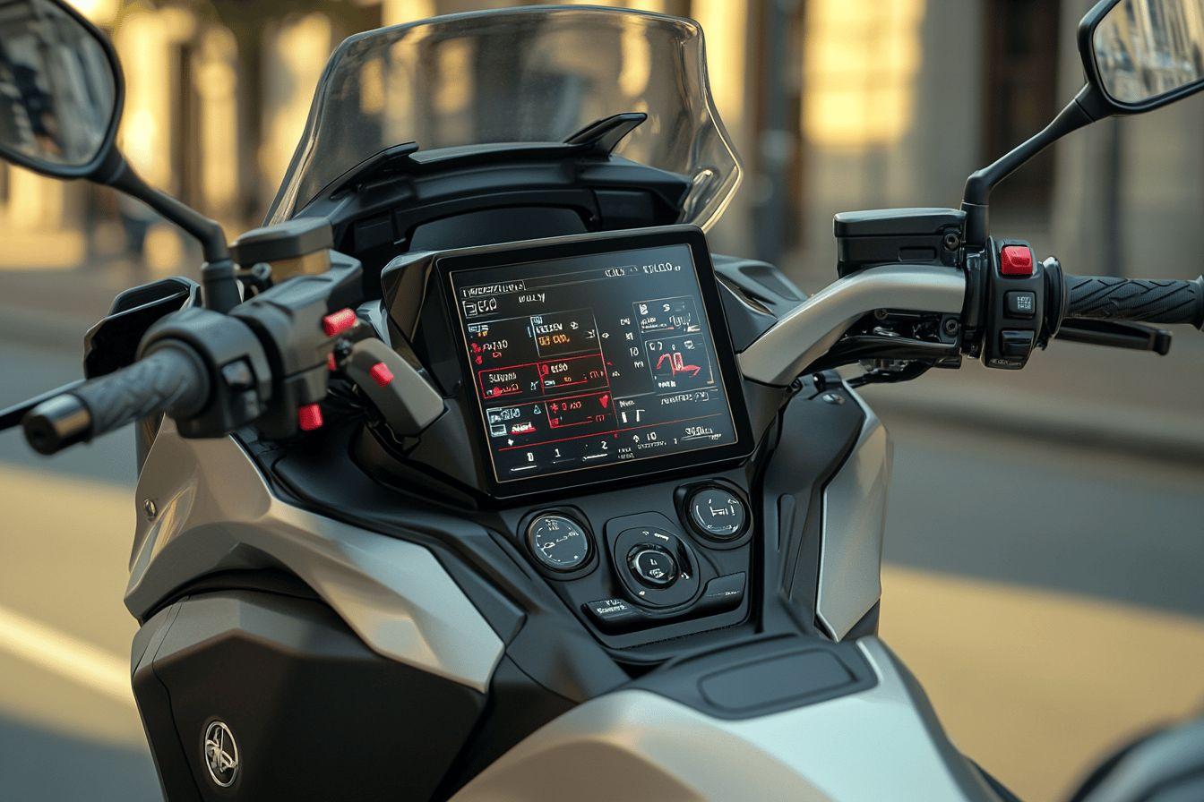 Gros plan sur l'&eacute;cran num&eacute;rique d'une moto moderne