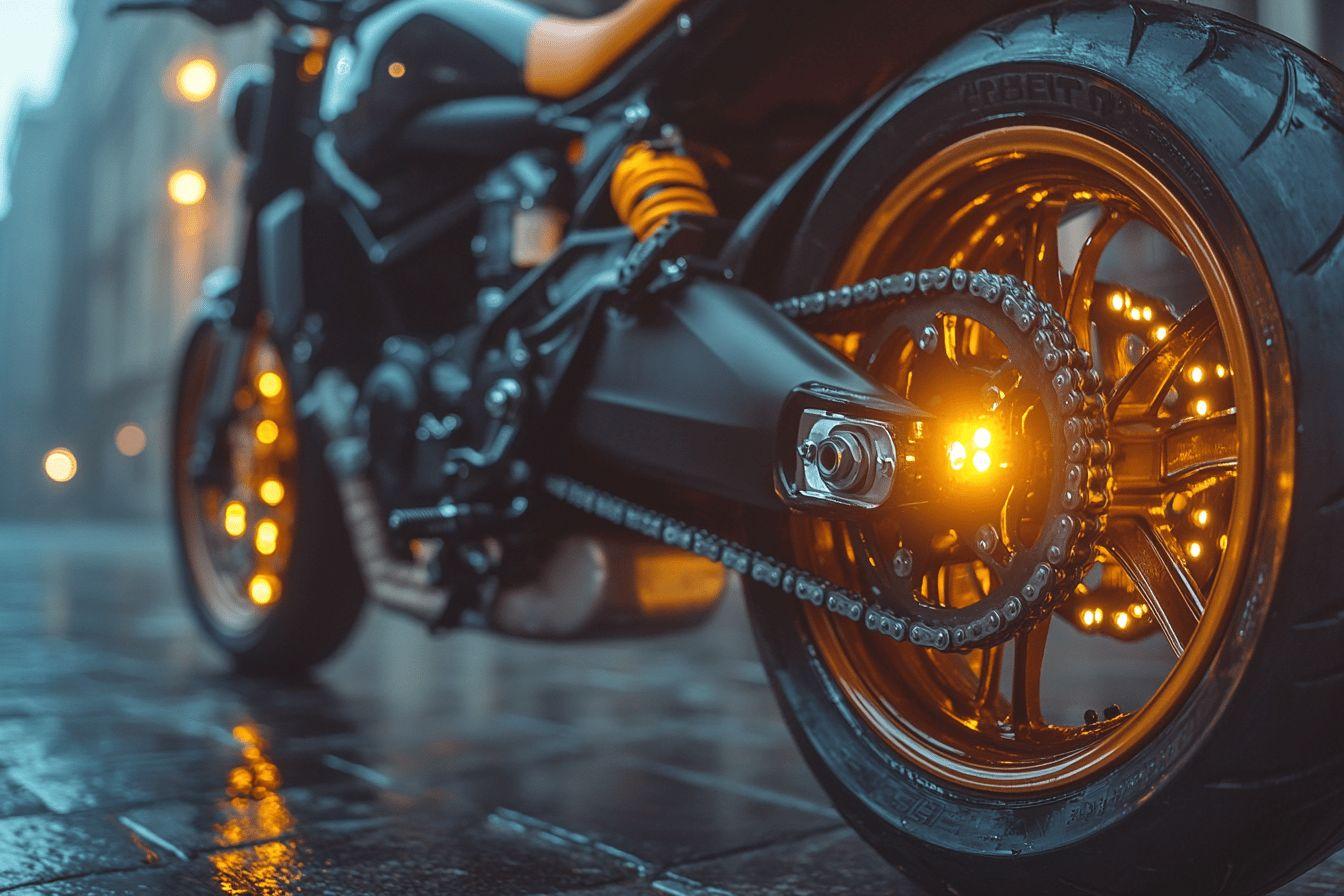 Roue arri&egrave;re de moto avec &eacute;clairage dor&eacute; et cha&icirc;ne