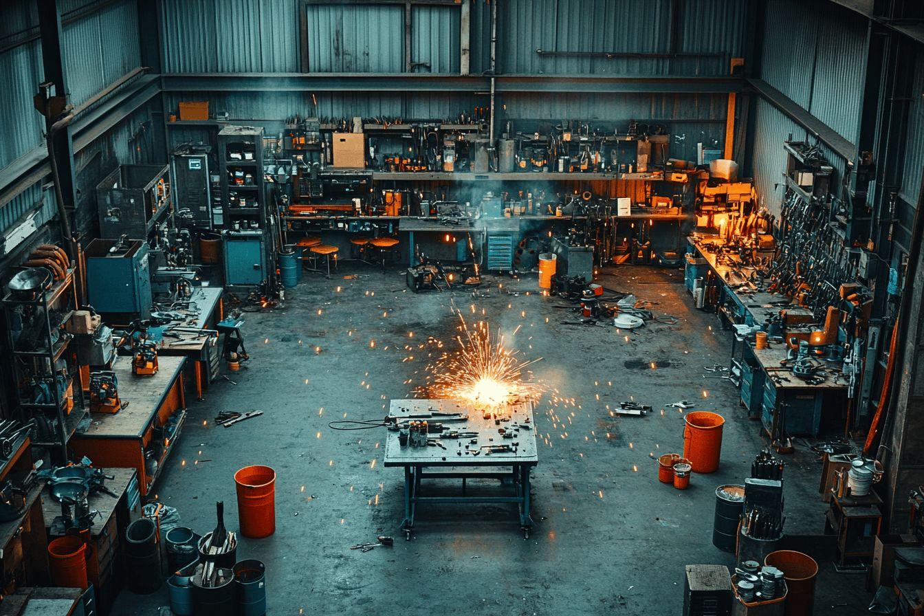 Int&eacute;rieur d'un atelier m&eacute;tallique avec &eacute;tincelles de soudure