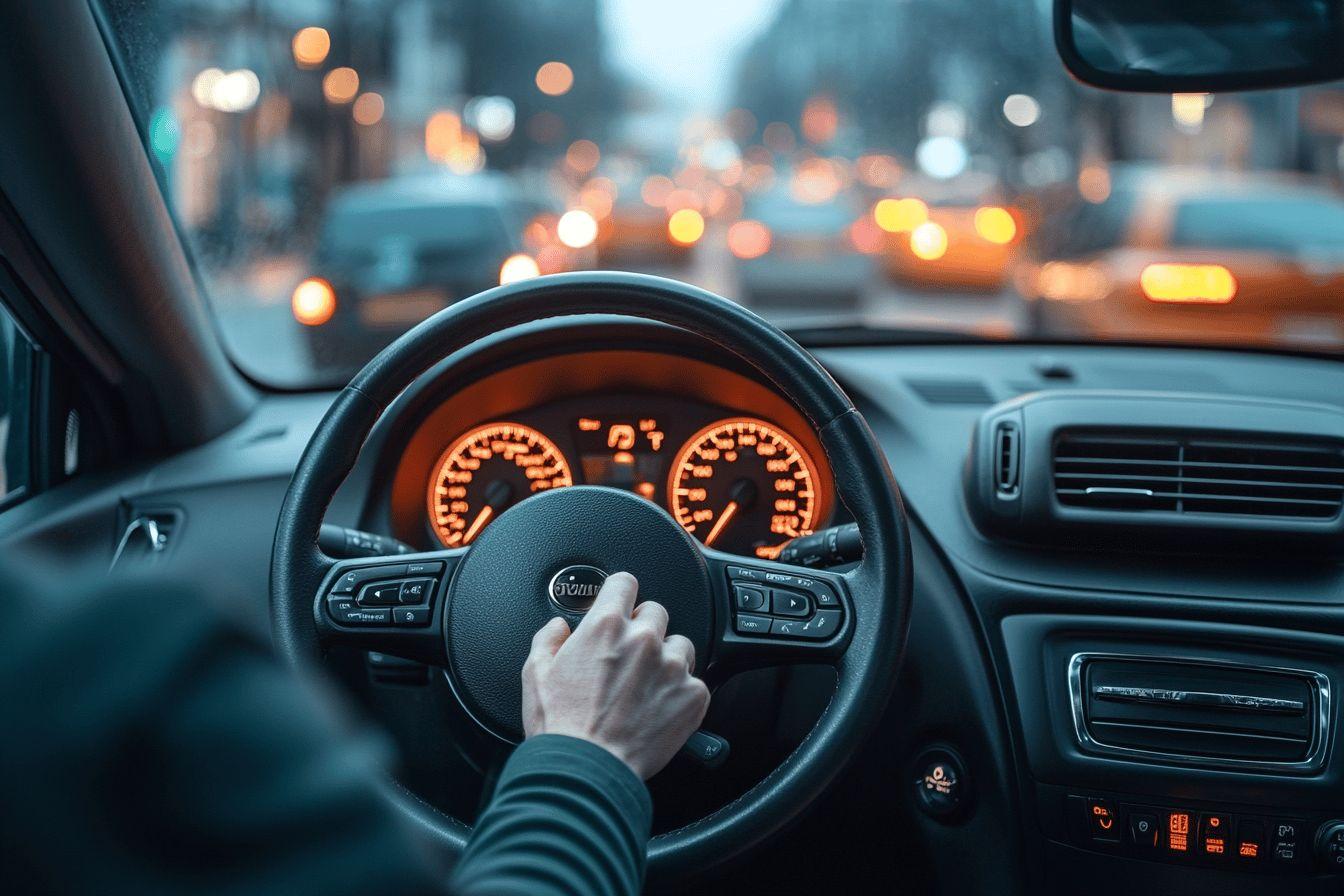 Main sur volant, tableau de bord &eacute;clair&eacute;, circulation urbaine floue