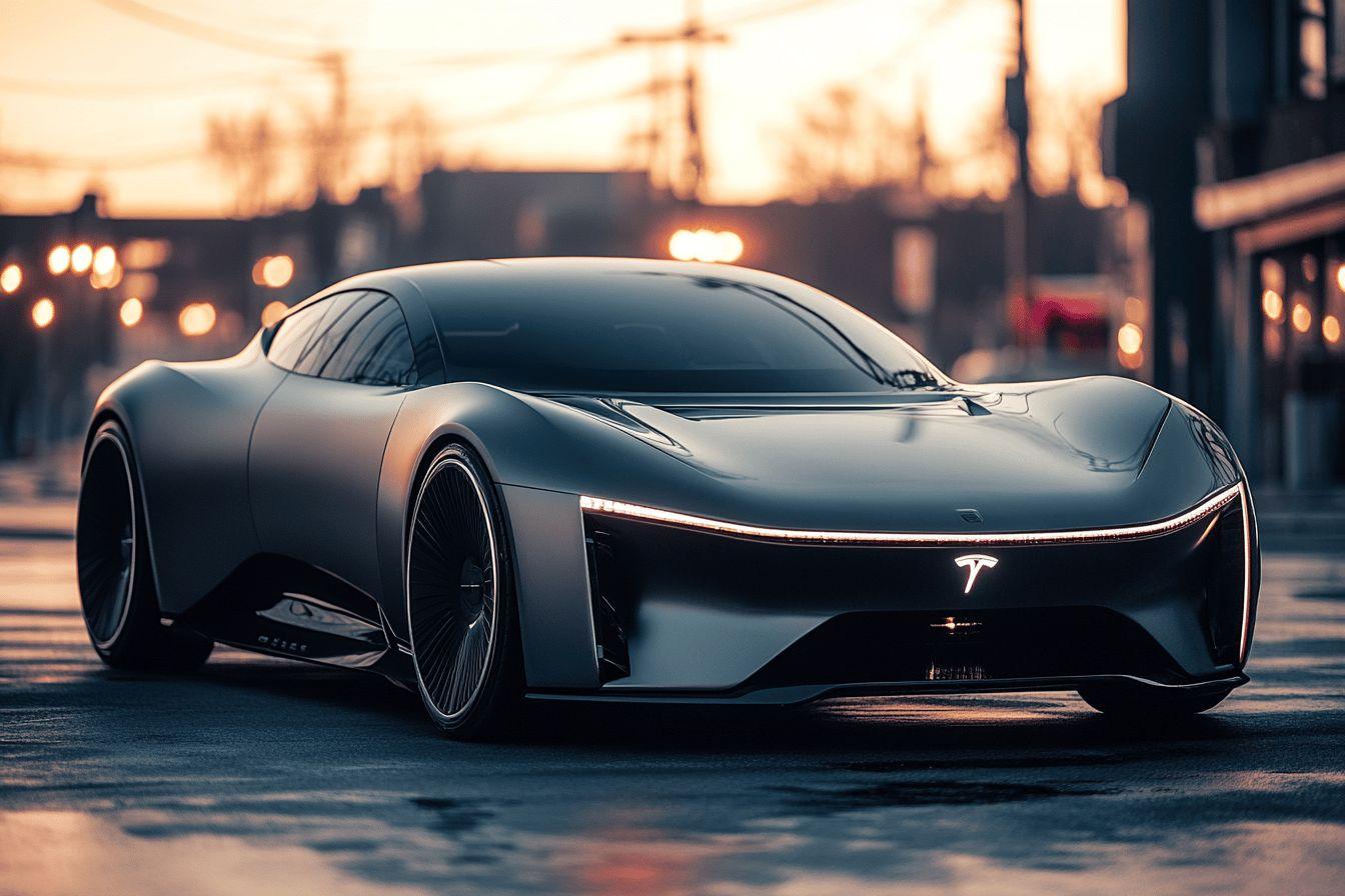Voiture &eacute;lectrique sportive noir mat dans un environnement urbain