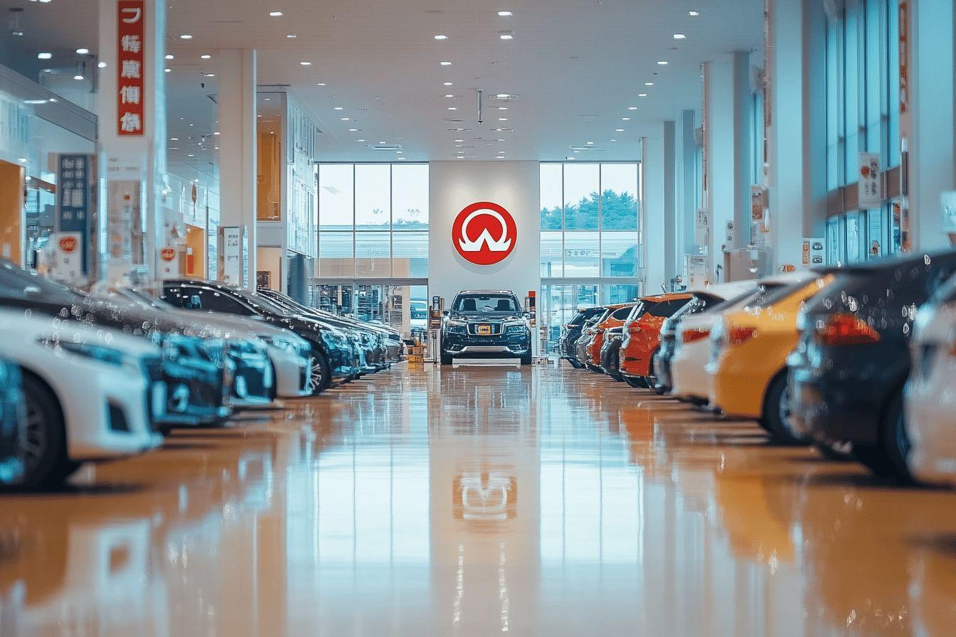 Rangée de voitures neuves dans un showroom brillant et spacieux