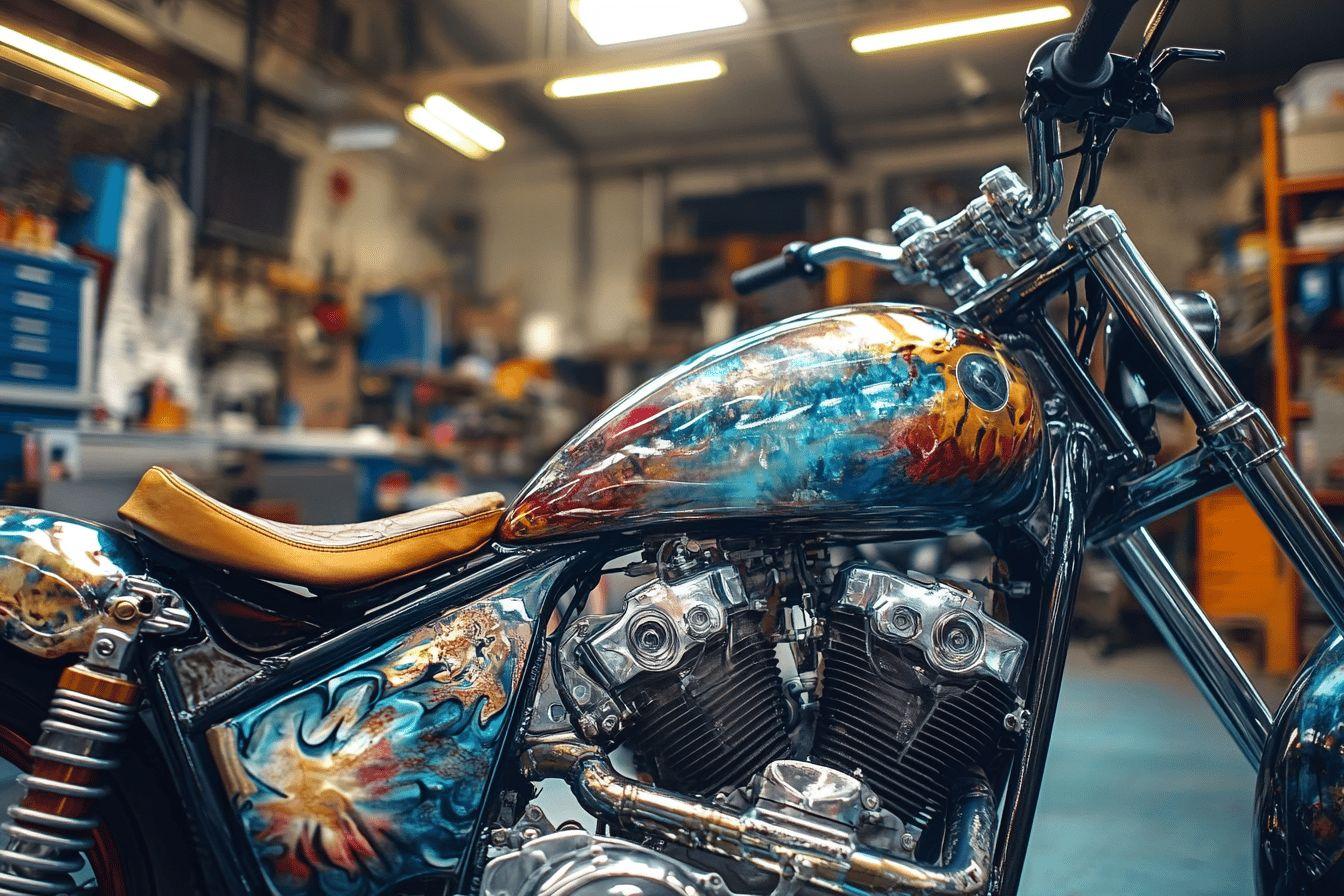 Gros plan sur une moto custom aux couleurs bleu et orange