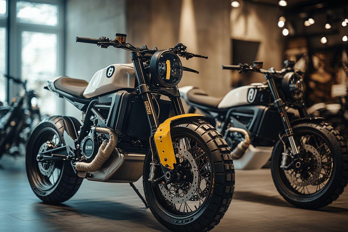 Moto électrique blanche et jaune dans un showroom moderne