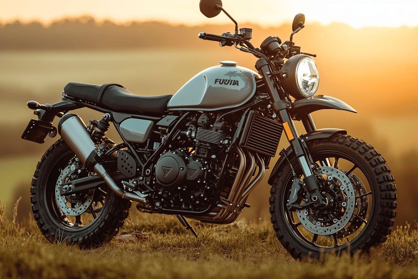 Moto tout-terrain grise avec pneus larges dans un champ herbeux