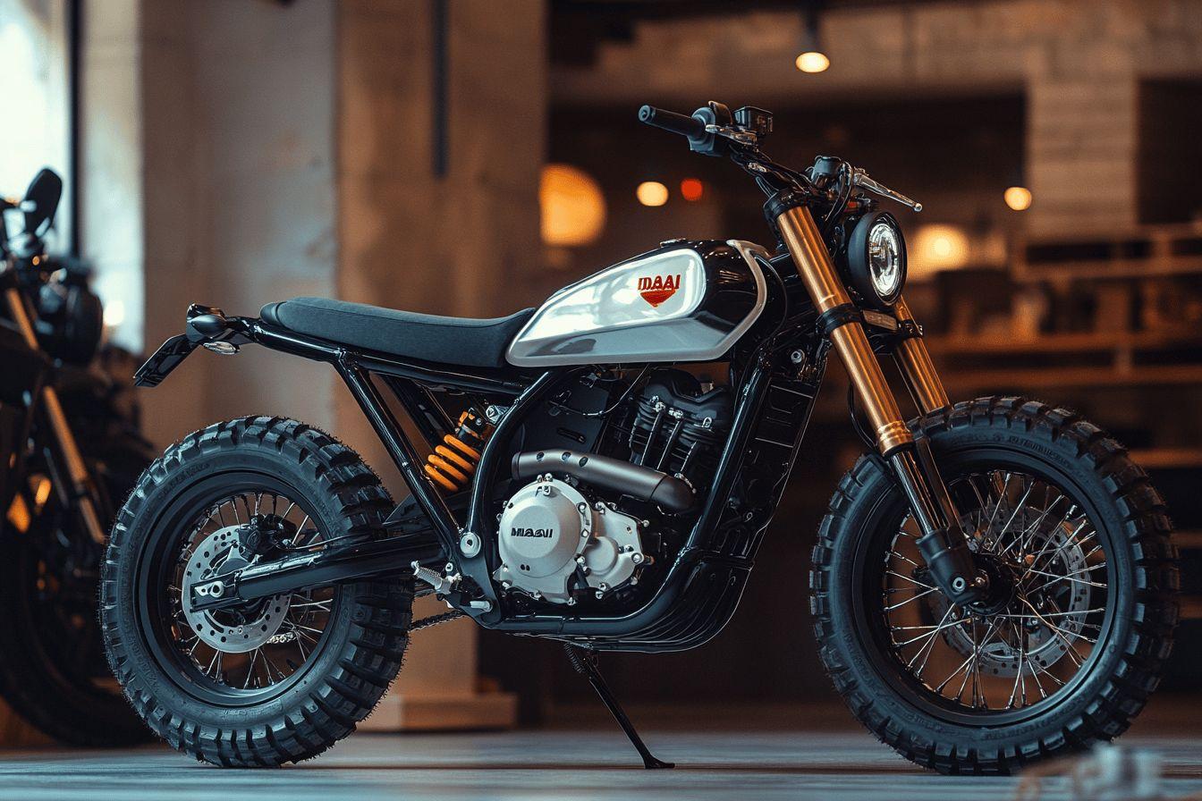 Moto tout-terrain moderne avec pneus larges et design vintage