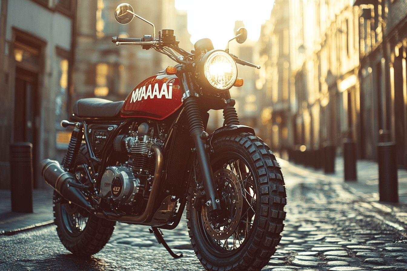 Moto classique rouge et noire garée sur rue pavée au soleil