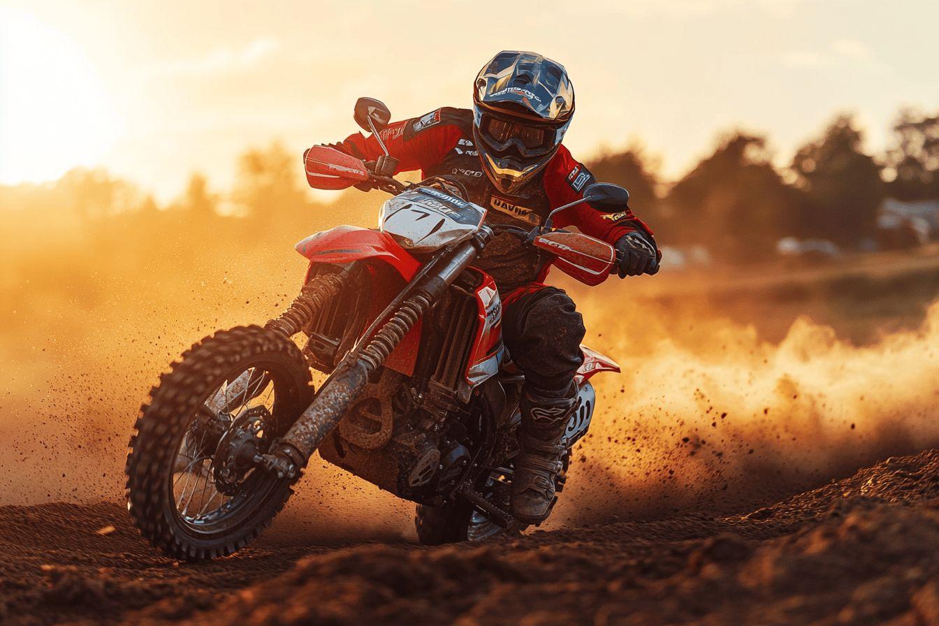 Moto tout-terrain rouge dérapant dans la poussière au coucher du soleil