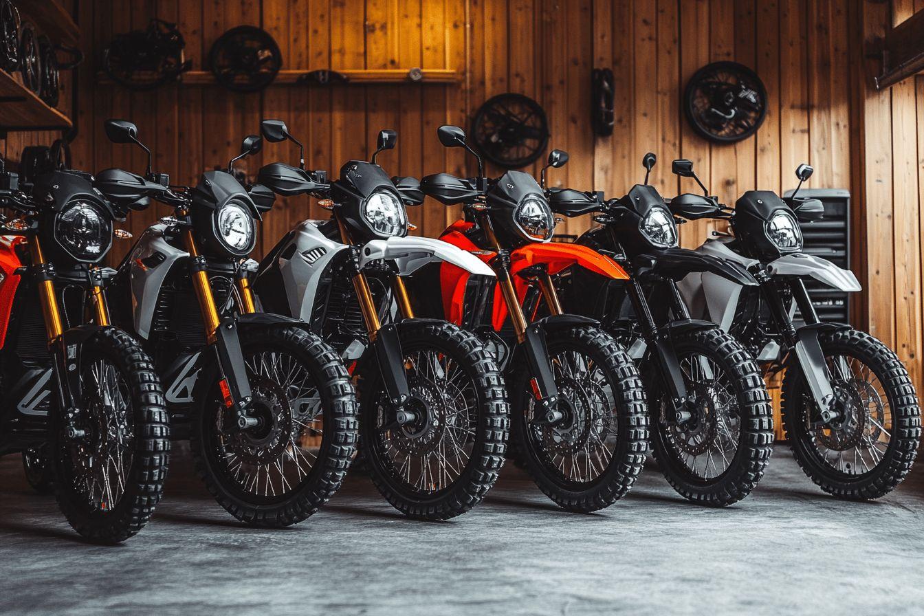 Rangée de motos tout-terrain noires et oranges dans un garage