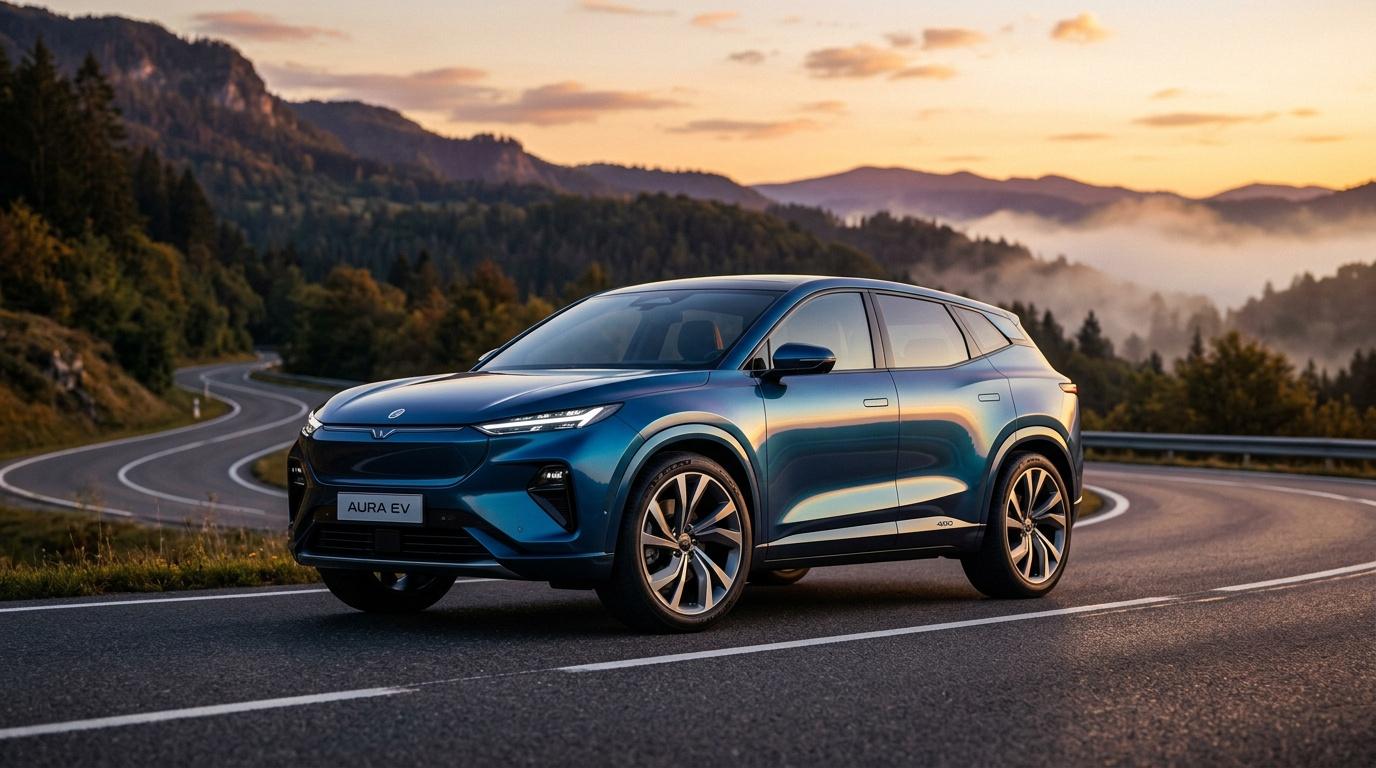 SUV électrique bleu Aura EV route montagneuse paysage brumeux