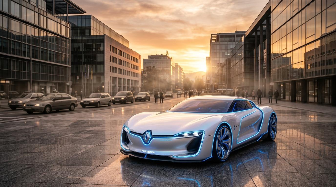 Voiture électrique concept argentée avec accents bleus sur place urbaine