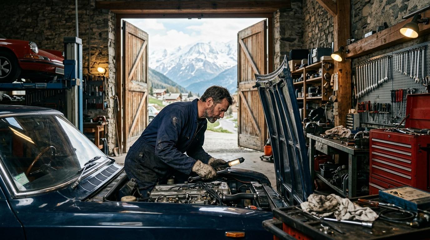 Mécanicien travaille sur moteur de voiture dans garage alpin