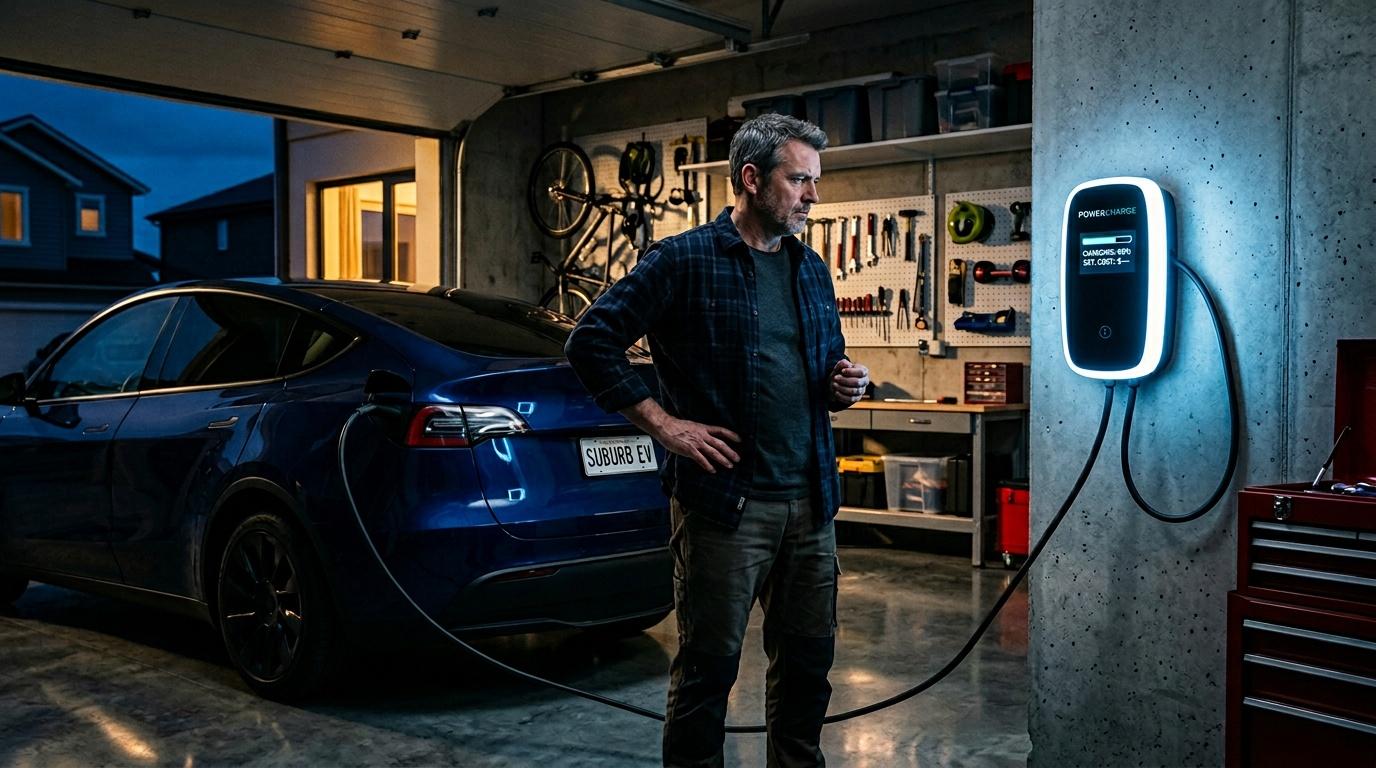Homme rechargeant sa voiture électrique bleue au garage